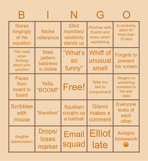 Weels Class Bingo Card