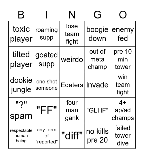 League of legends bingo Card