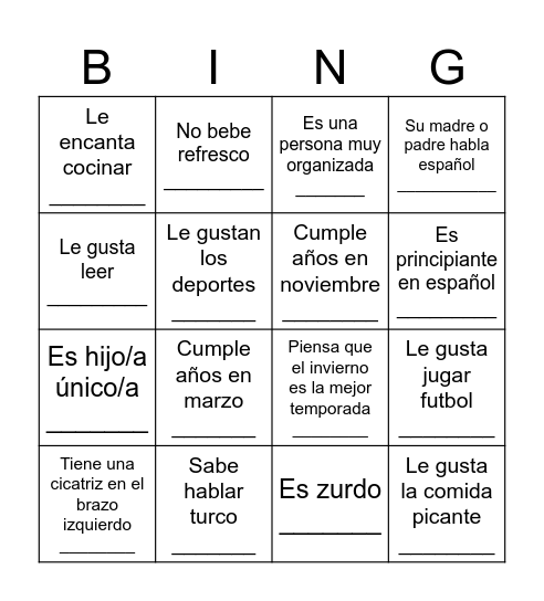 BINGO para conocerse Bingo Card