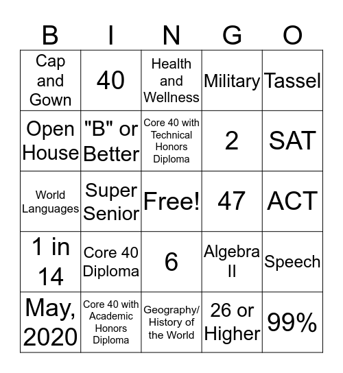 Core 40 Bingo Card