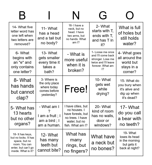 Scavenger Holiday Bingo Card