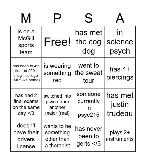 MPSA Meet Your Major Bingo Card