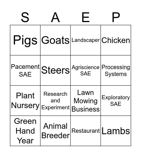 Supervised Agricultural Experience Project Bingo! Bingo Card