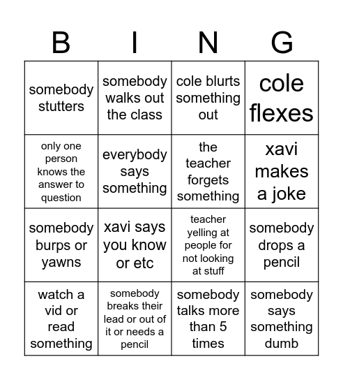 history btw if u do it u cant write it down Bingo Card