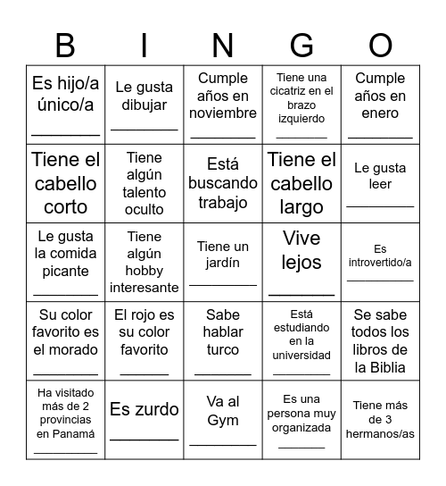 BINGO para conocerse Bingo Card