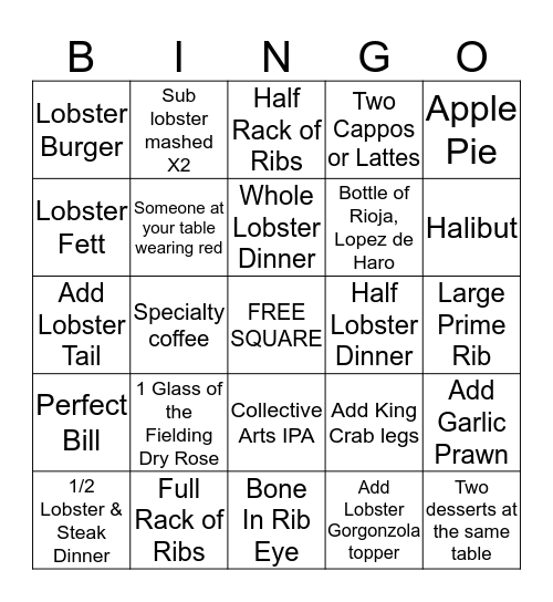 Lobster/Seafood Bingo Card