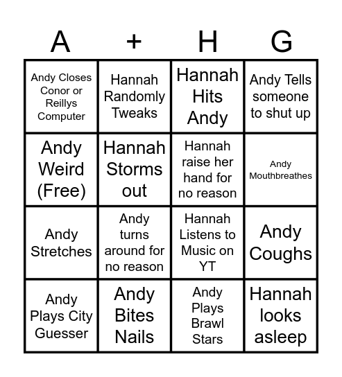 Andy and Hannah Bingo Card