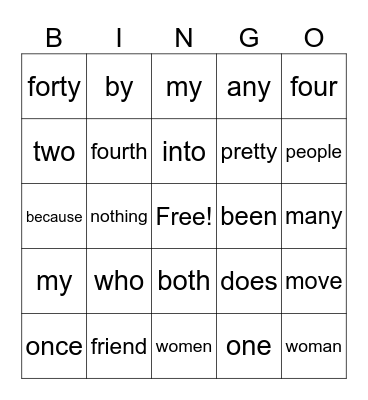 Heart Word Bingo Card