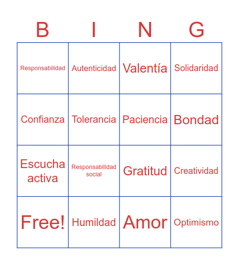 Valores trascendentales Bingo Card