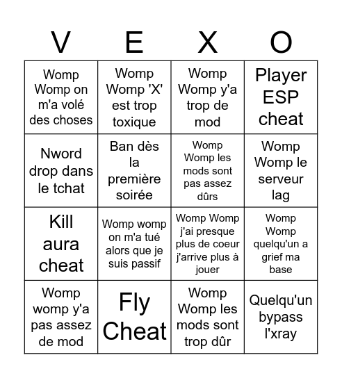 Vexo SMP Bingo Card