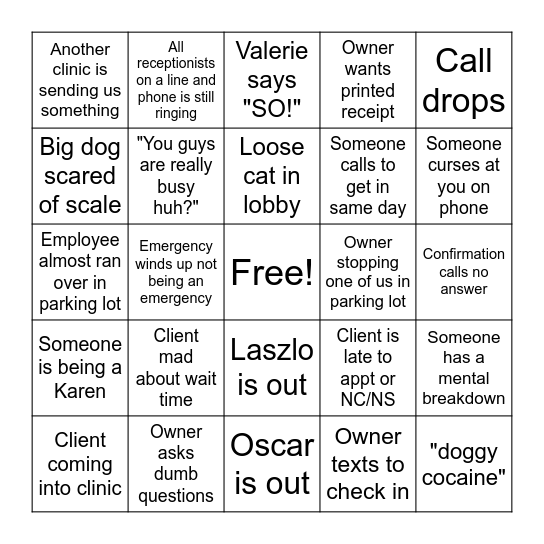 Vet Reception Bingo Card