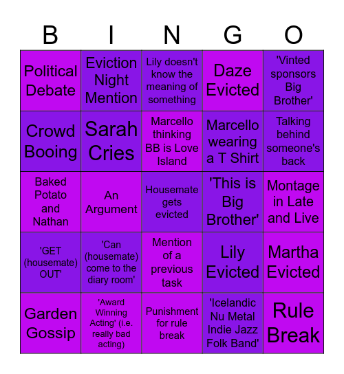 UKTellyFans Big Brother Bingo (BBB) Bingo Card