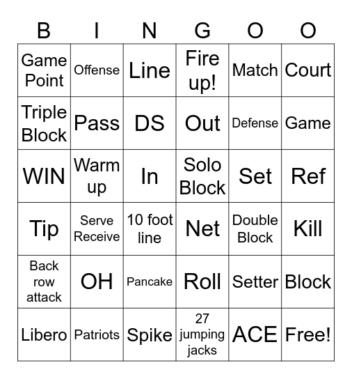 Patriot Volleyball Bingo Card