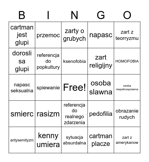 south park Bingo Card