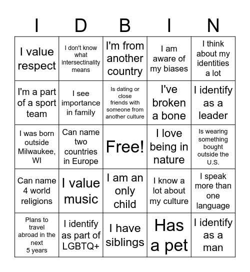 Identity Bingo Card