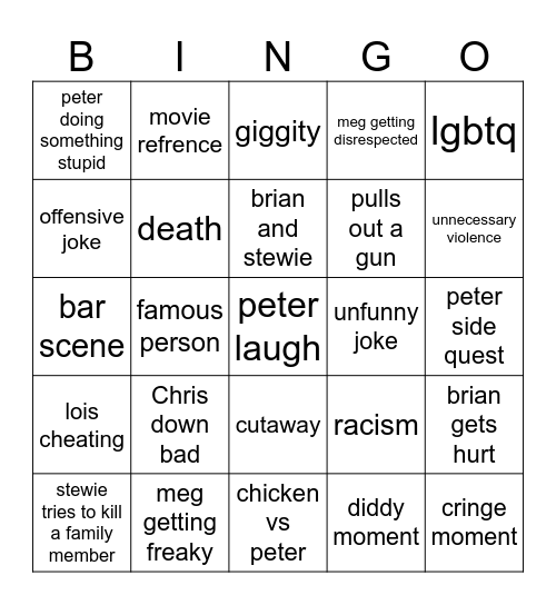 family guy Bingo Card