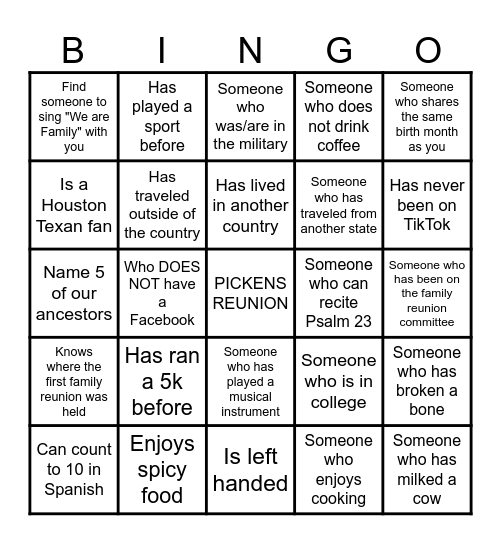 Pickens Family Reunion Bingo Card