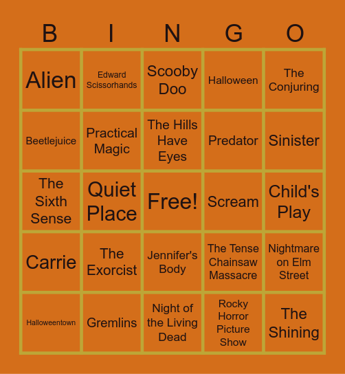 Halloween Movie Bingo Card