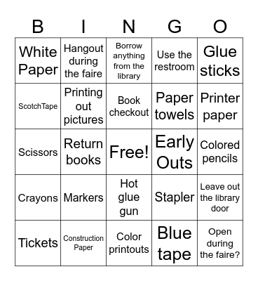 HOCO Set Up Library Requests Bingo Card