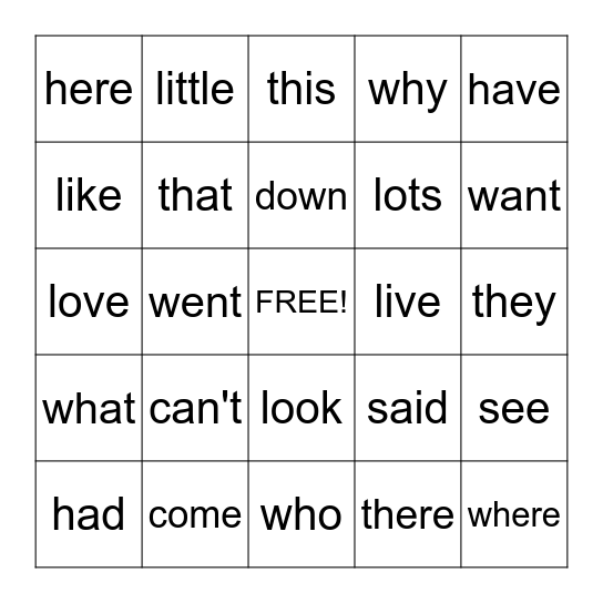 1 G Words Bingo Card