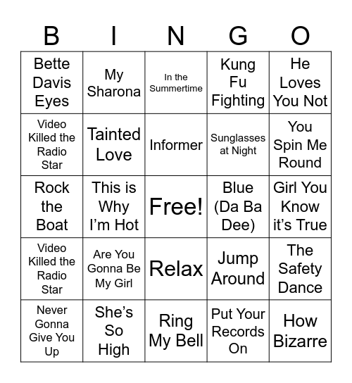 One Hit Wonders Bingo Card