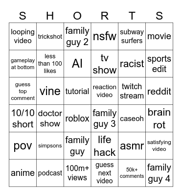 yt shorts Bingo Card