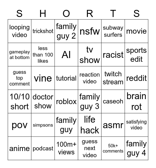 yt shorts Bingo Card