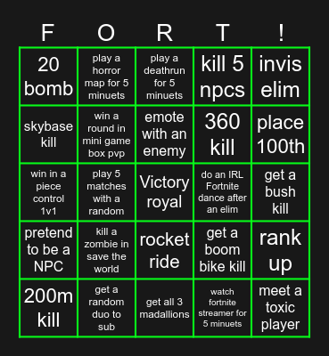 Fortnite bingo Card