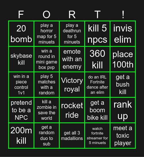 Fortnite bingo Card