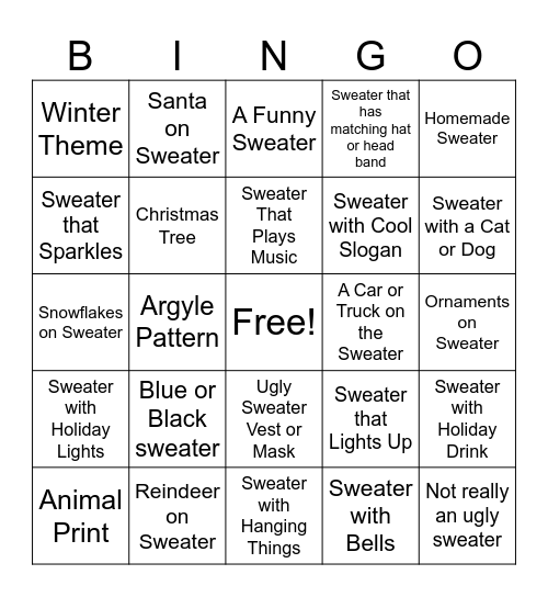 Ugly Sweater BINGO Card