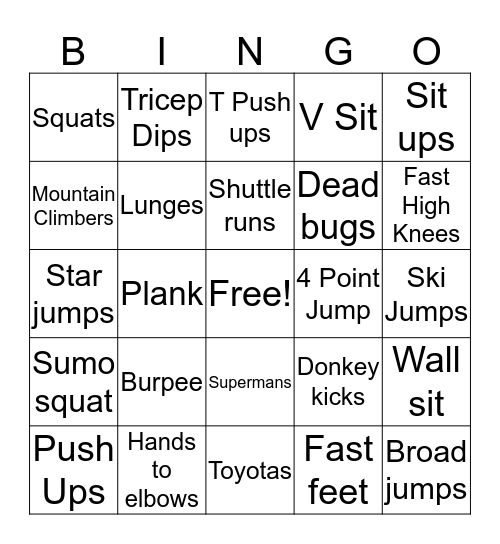 Fitness Bingo Card