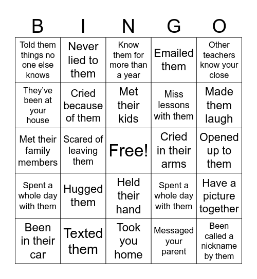 Teacher attachment bingo Card