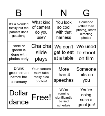 Wedding photographer Bingo Card