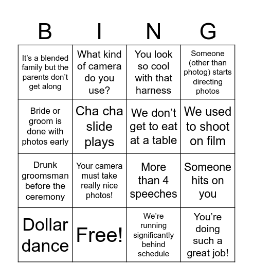 Wedding photographer Bingo Card