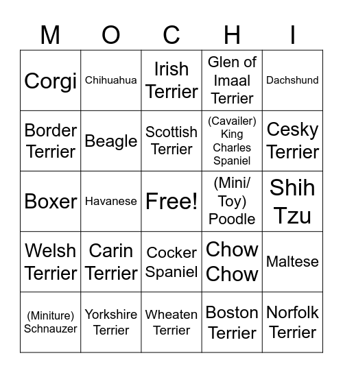 Guess Mochi's Breeds! Bingo Card