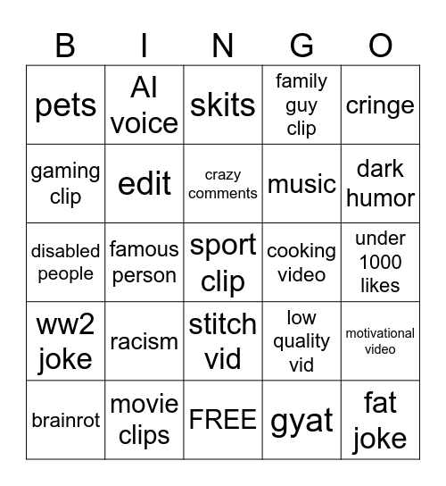 instagram reels Bingo Card