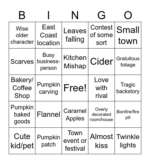 Hallmark Fall Movie Bingo Card