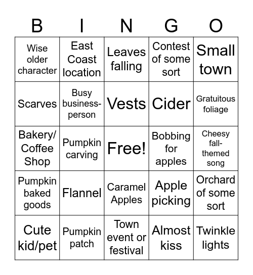 Hallmark Fall Movie Bingo Card