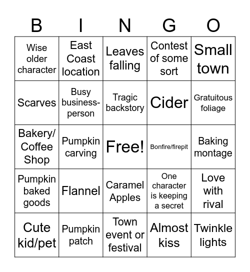 Hallmark Fall Movie Bingo Card