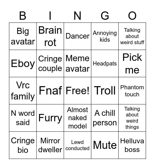 Vrchat Bingo Card