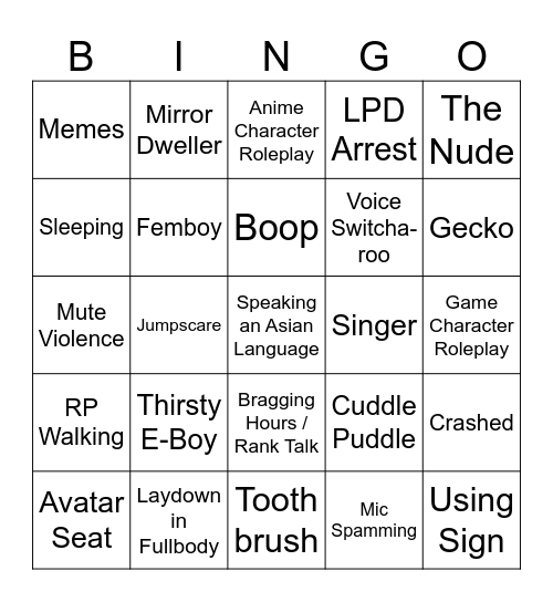 VrChat Bingo Card