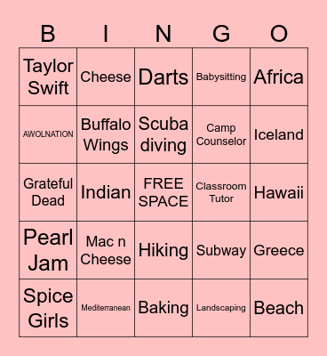 PERSONAL CARD Bingo Card