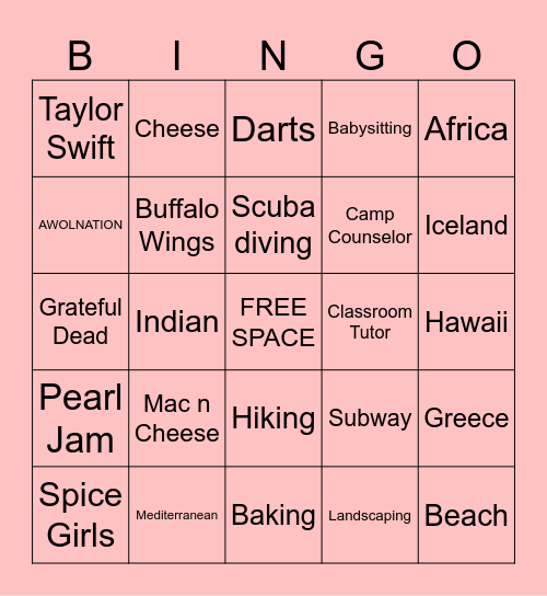 PERSONAL CARD Bingo Card