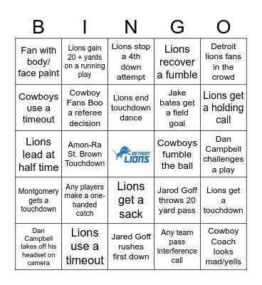 Detroit Lions Thanksgiving Bingo Card