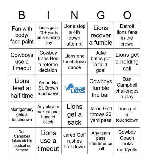 Detroit Lions Thanksgiving Bingo Card