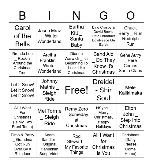 Holiday Music Bingo Card
