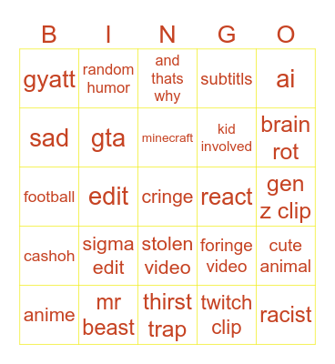 youtube short Bingo Card