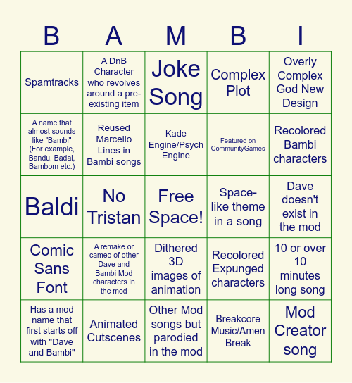 Dave and Bambi Mod Bingo Card