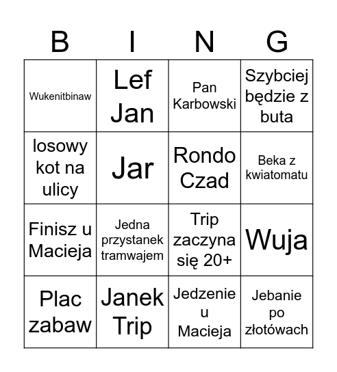 Tripy Bingo Card