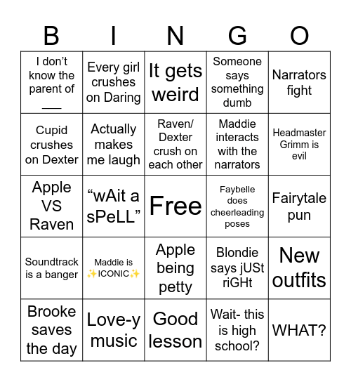 EVER AFTER HIGH Bingo Card